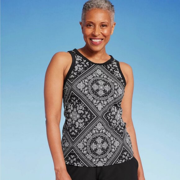 Lands' End Women's UPF 50 Bandana Print High Neck Tankini Top - Black L 14-16 - Picture 1 of 4